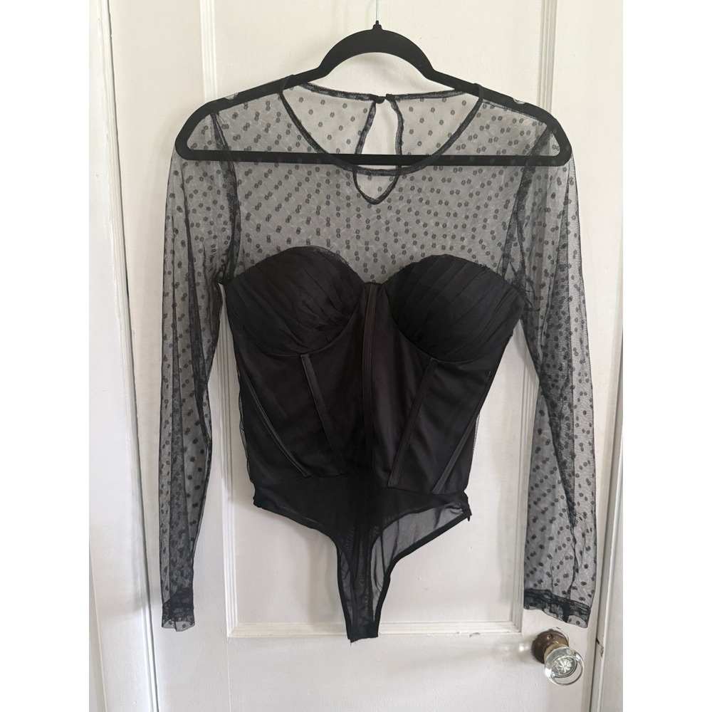Lulus Luxe Agenda Black Sheer Mesh Polka Dot Pleated Bustier Bodysuit XS NWT - Picture 5 of 10